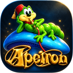Apeiron app icon featuring a green caterpillar on a blue mushroom