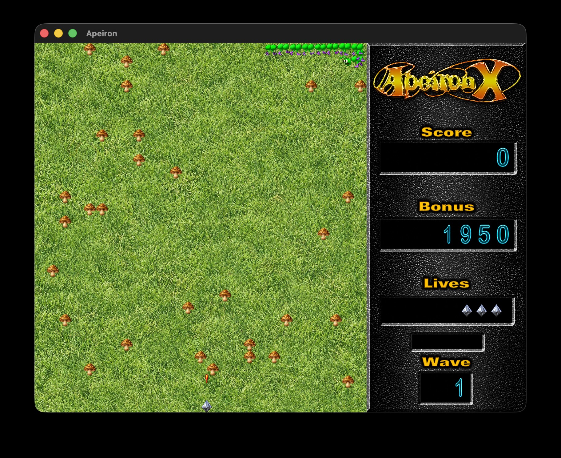 Actual Apeiron X gameplay on macOS, showing the grassy arcade playfield with enemies, score, bonus, lives, and wave indicators